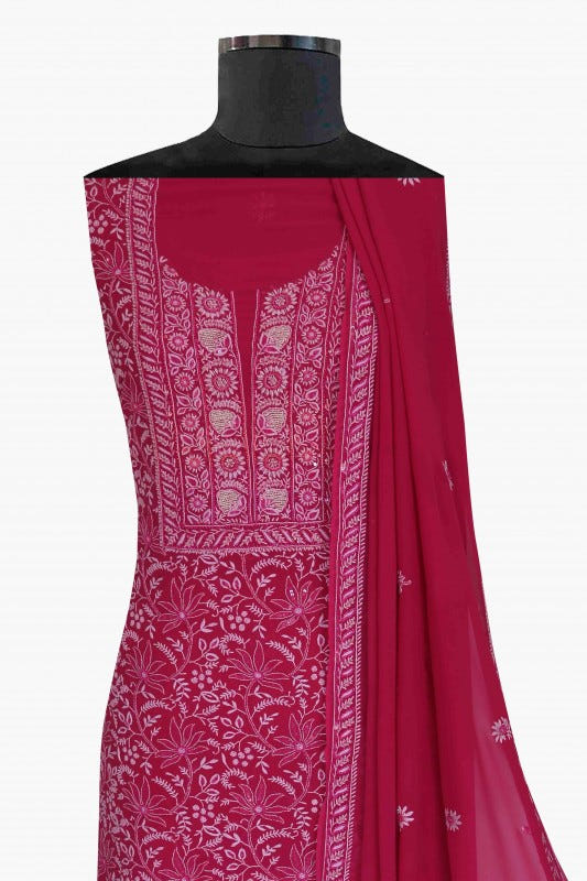 Ada Hand Embroidered Magenta Pure Georgette Lucknowi Chikan Unstitched Kurta Dupatta Set with Pearl Work A604158