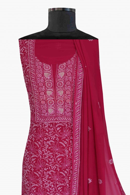 Ada Hand Embroidered Magenta Pure Georgette Lucknowi Chikan Unstitched Kurta Dupatta Set with Pearl Work A604158