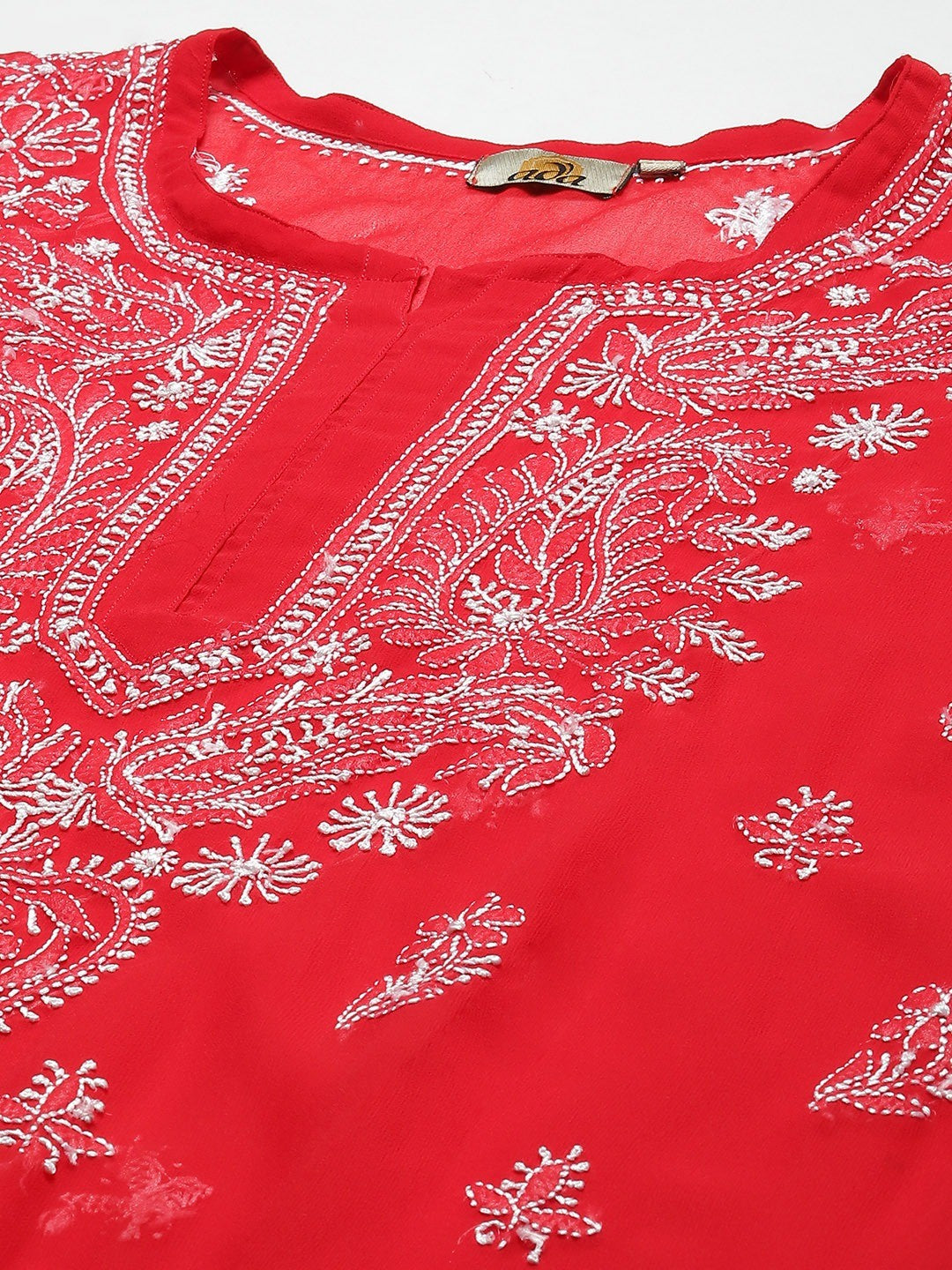Ada Hand Embroidered Red Georgette Lucknow Chikan Kurta with Slip A411351
