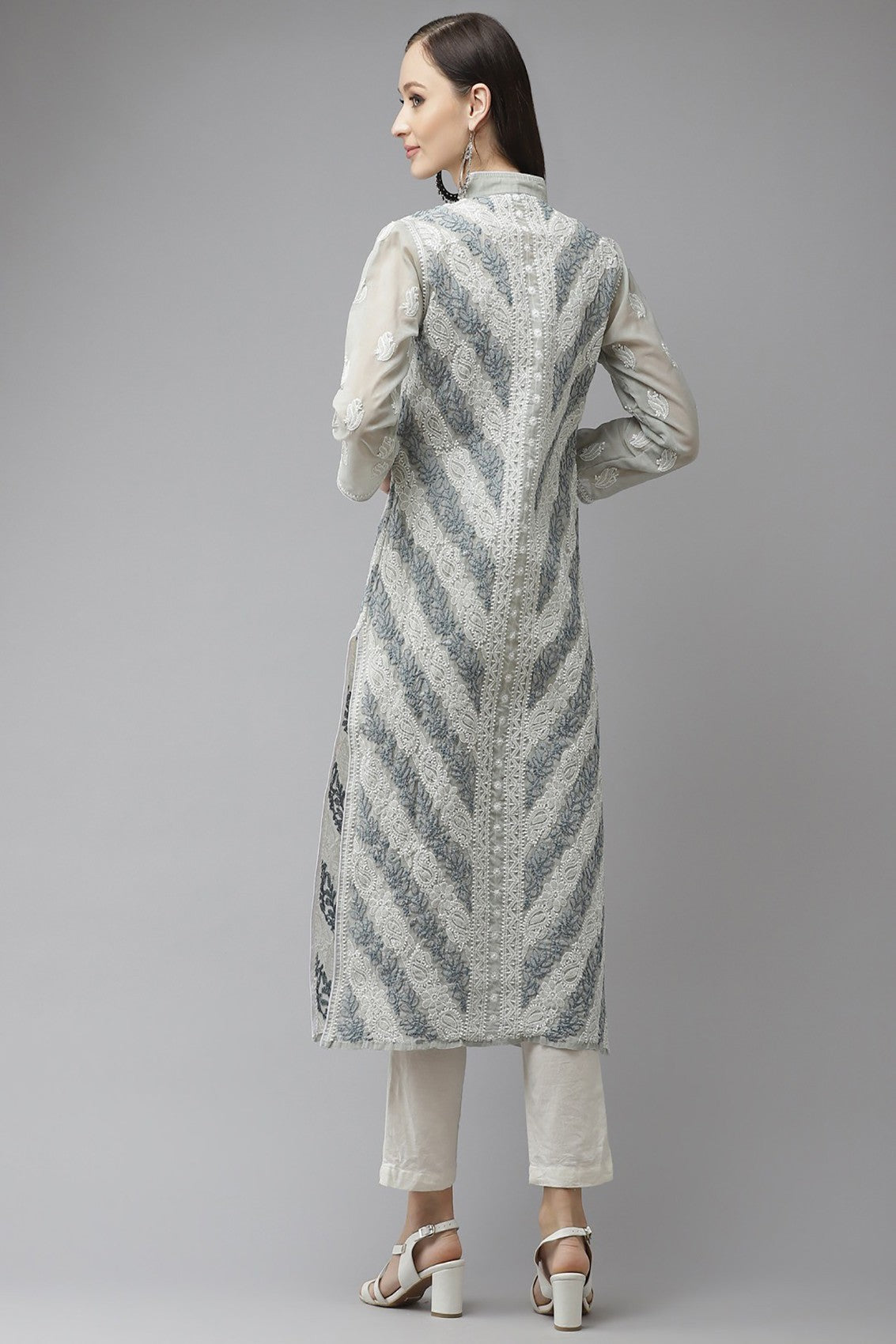 Ada Hand Embroidered Grey Cotton Lucknow Chikan Straight Kurta  A411320