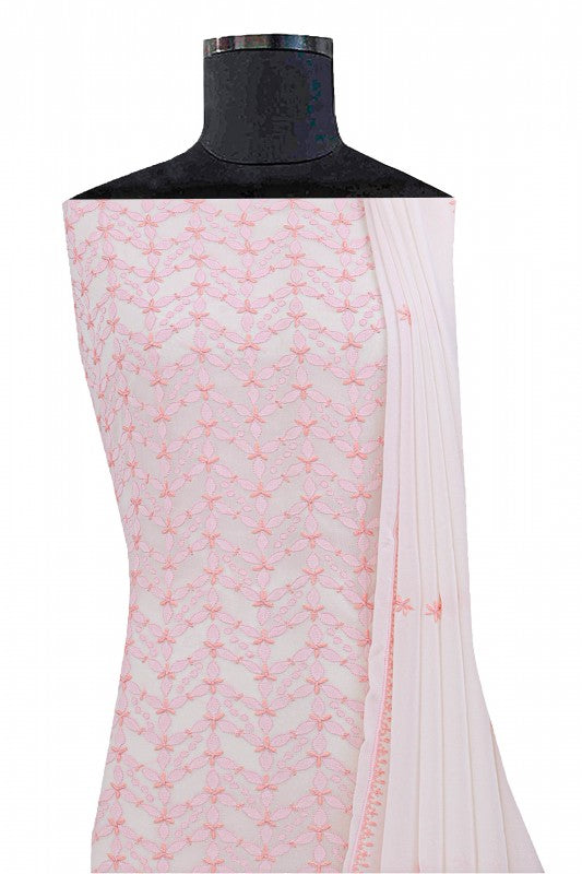 Ada Hand Embroidered White Pure Georgette Lucknowi Chikan Unstitched Kurta Dupatta Set A292102