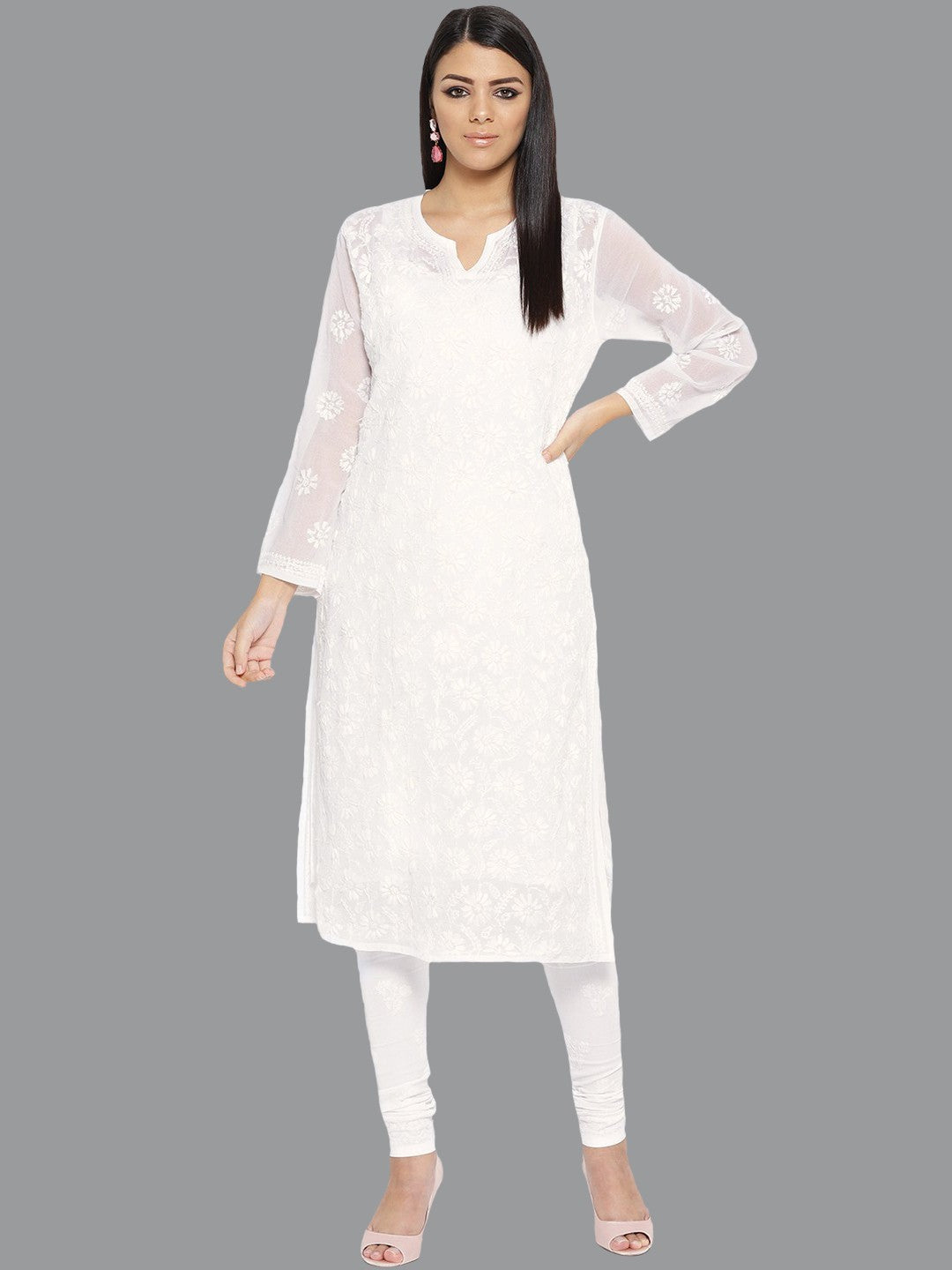 Ada Hand Embroidered White Georgette Lucknowi Chikankari Kurta with Churidar Set with Slip A100019