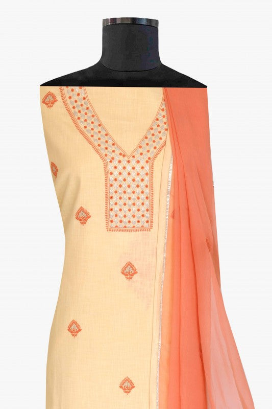 Ada Hand Embroidered Lemonade Cream Cotton Lucknowi Chikankari Unstitched Kurta Dupatta with Gota Patti Work A251257