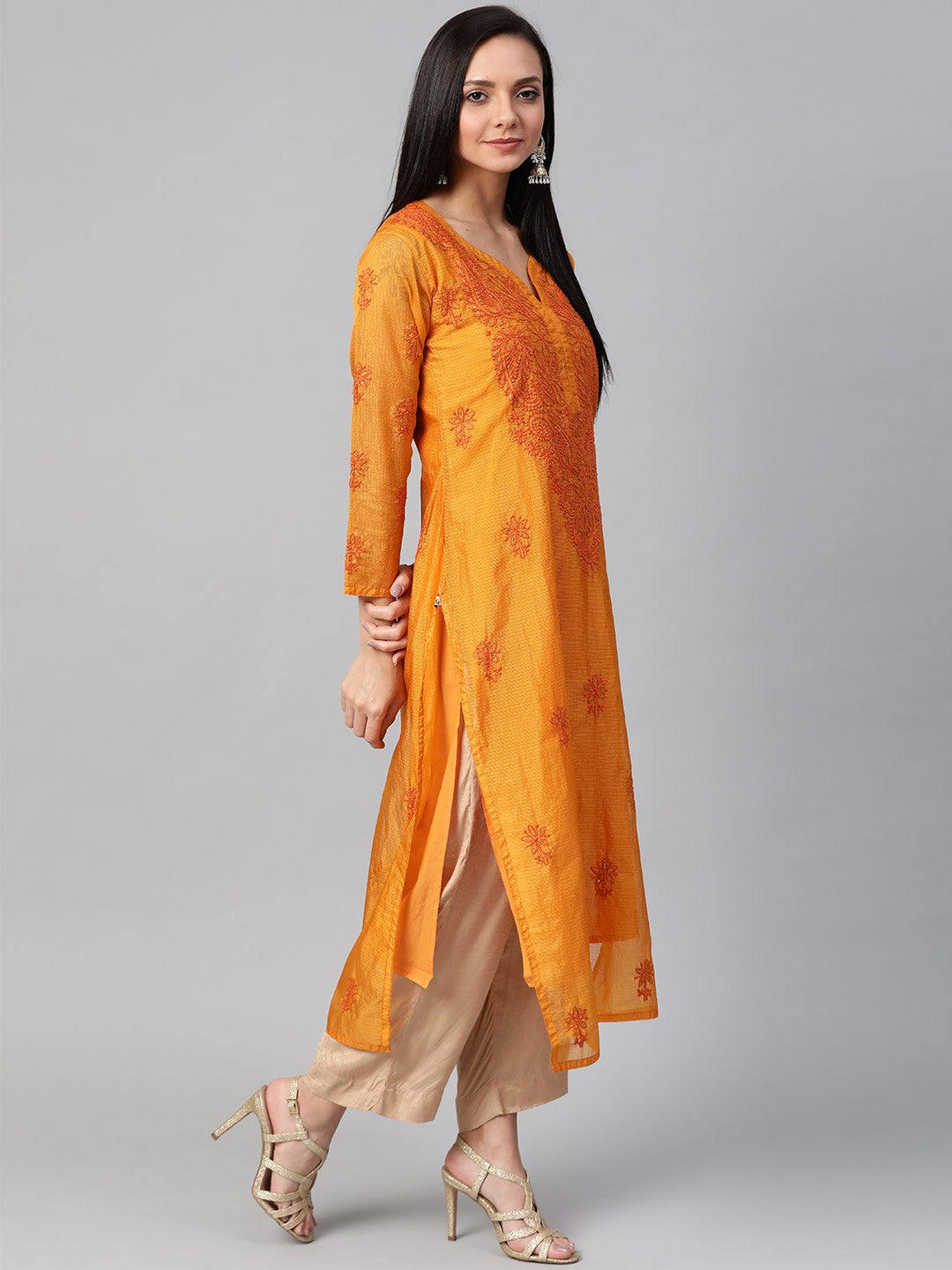 Ada Hand Embroidered Mustard Kota Lucknowi Chikan Kurta/Slip With Muqaish Work- A100486
