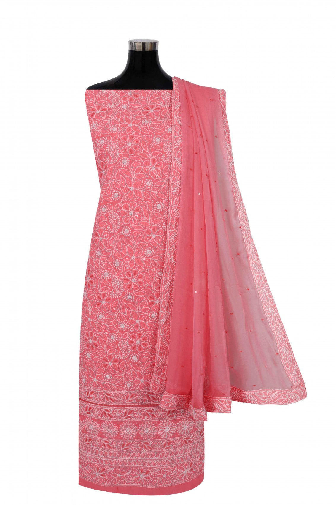 Ada Hand Embroidered Pink Cotton Lucknowi Chikankari Unstitched Suit Piece With Cutdana Work 01A213973