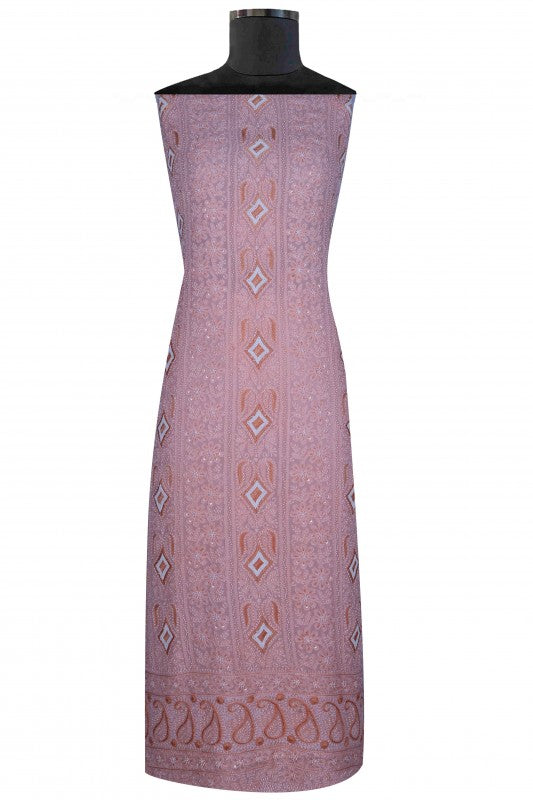 Ada Hand Embroidered Peach Georgette Lucknowi Chikankari Unstitched Kurta Dupatta Set With Pearl Work A586225