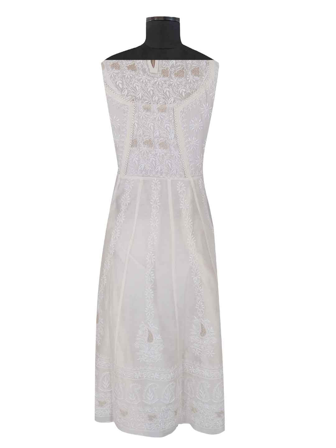 Ada Hand Embroidered Cream Chanderi Lucknowi Chikankari Semi-Stitched Anarkali Kurta Dupatta Set With Zari Work 01A205798