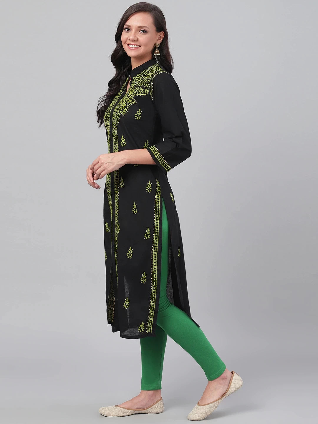 Ada Hand Embroidered Black Cotton Lucknowi Chikan Straight Kurta A444739