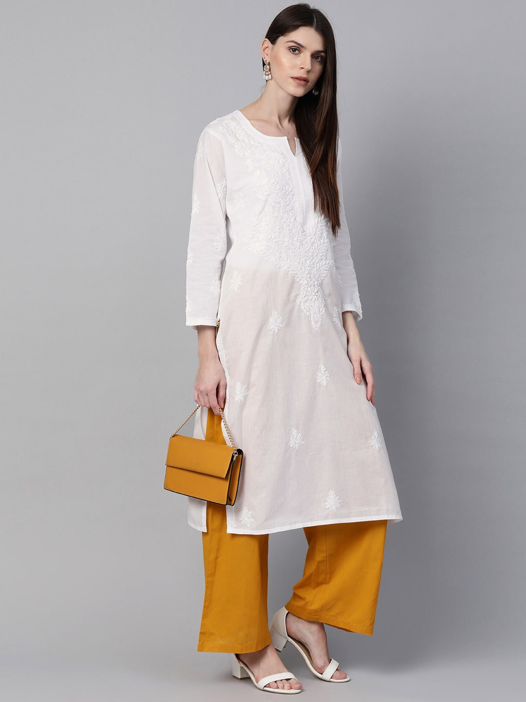Ada Hand Embroidered White Cotton Lucknowi Chikankari Straight Kurta A100429
