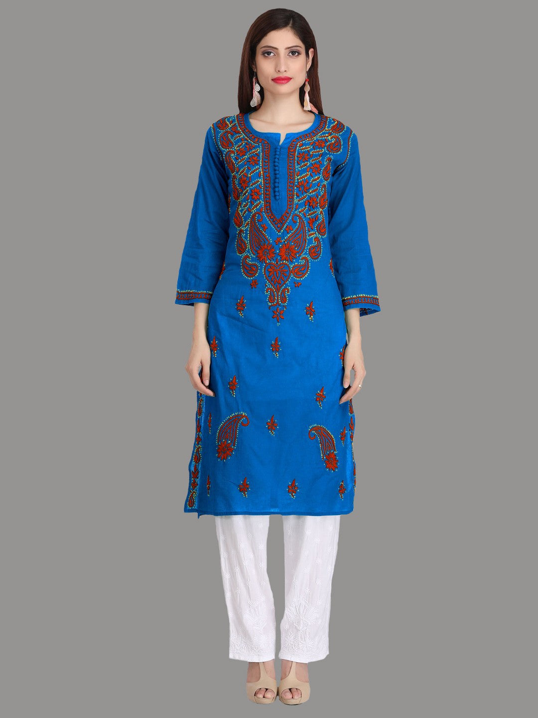 Ada Hand Embroidered Blue Cotton Lucknowi Chikankari Straight Kurta A223810