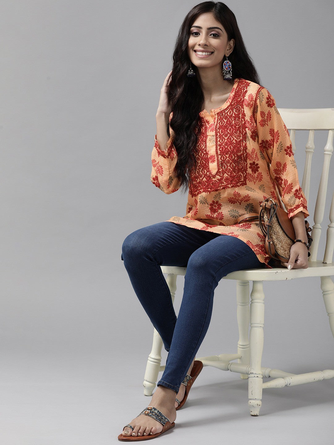 ADA Hand Embroidered Peach Kota Lucknowi Chikankari Kurti A911141