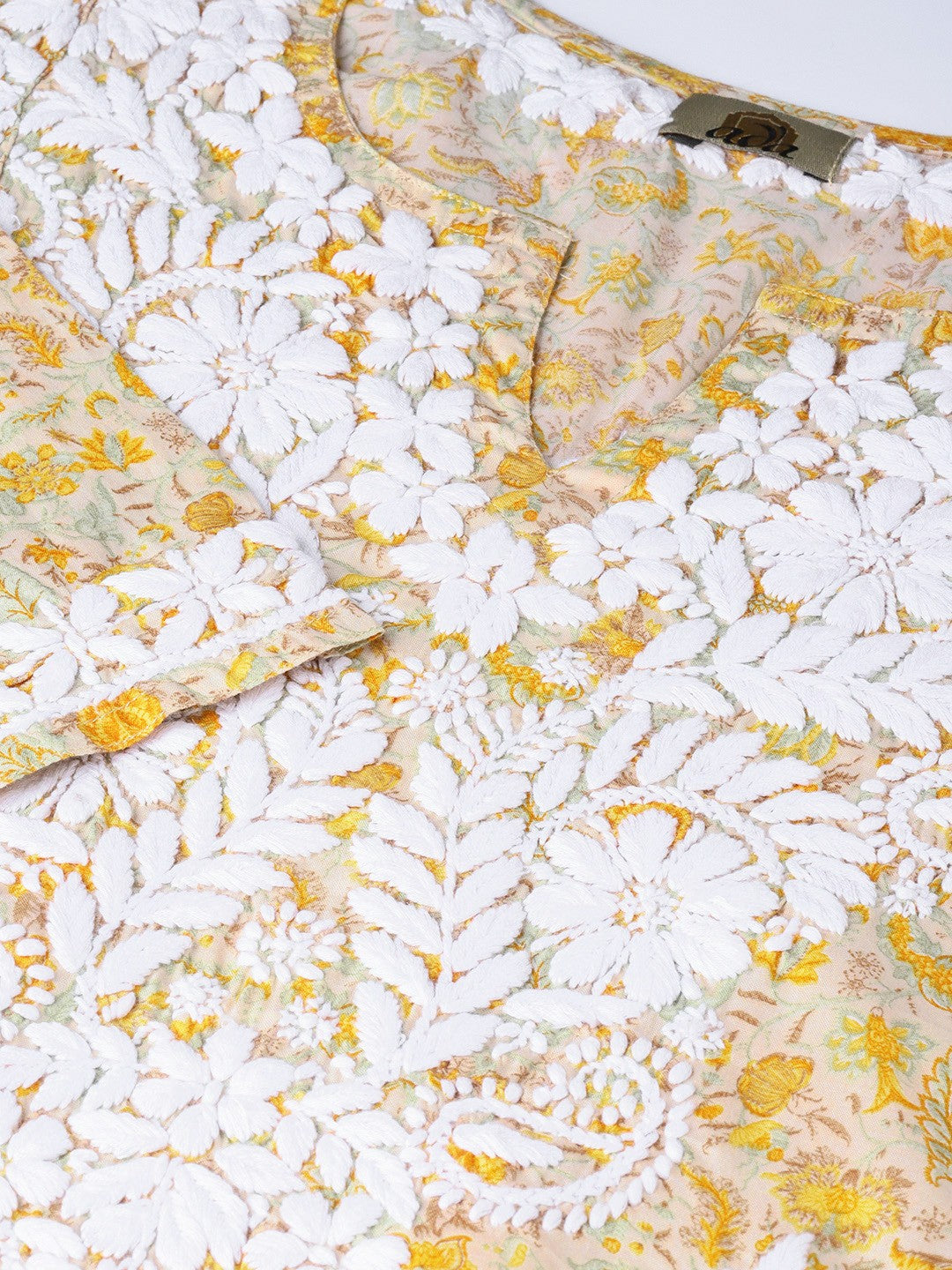 Ada Hand Embroidered Fawn Yellow Cotton Lucknow Chikankari Kurta- A100031