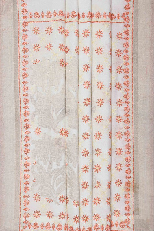 Ada Hand Embroidered Cream Chanderi Lucknowi Chikankari Saree With Blouse- A437929