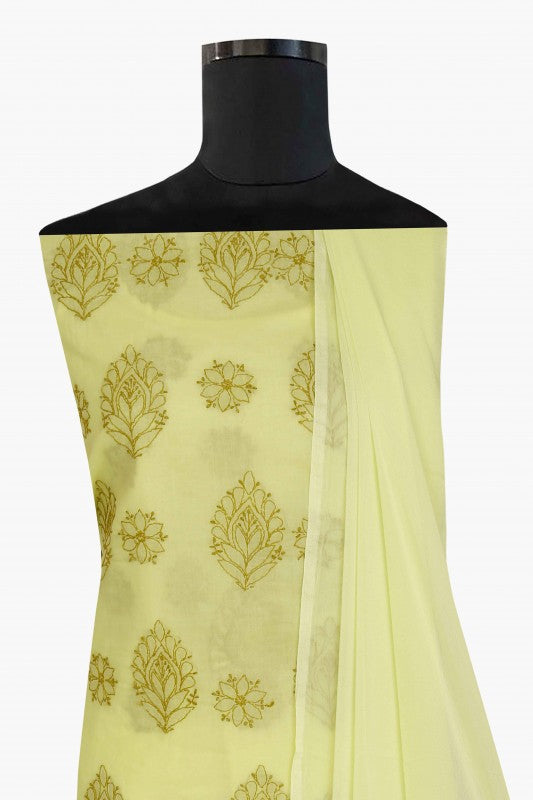 Ada Hand Embroidered Lemon Cotton Lucknowi Chikan Unstitched Suit Piece A211125