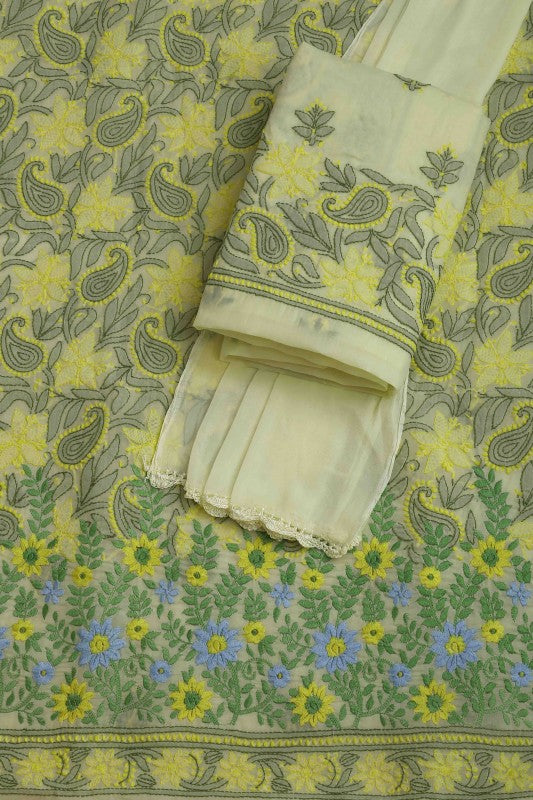 Ada Hand Embroidered Lemon Cotton Lucknowi Chikan Unstitched Suit Piece A100164