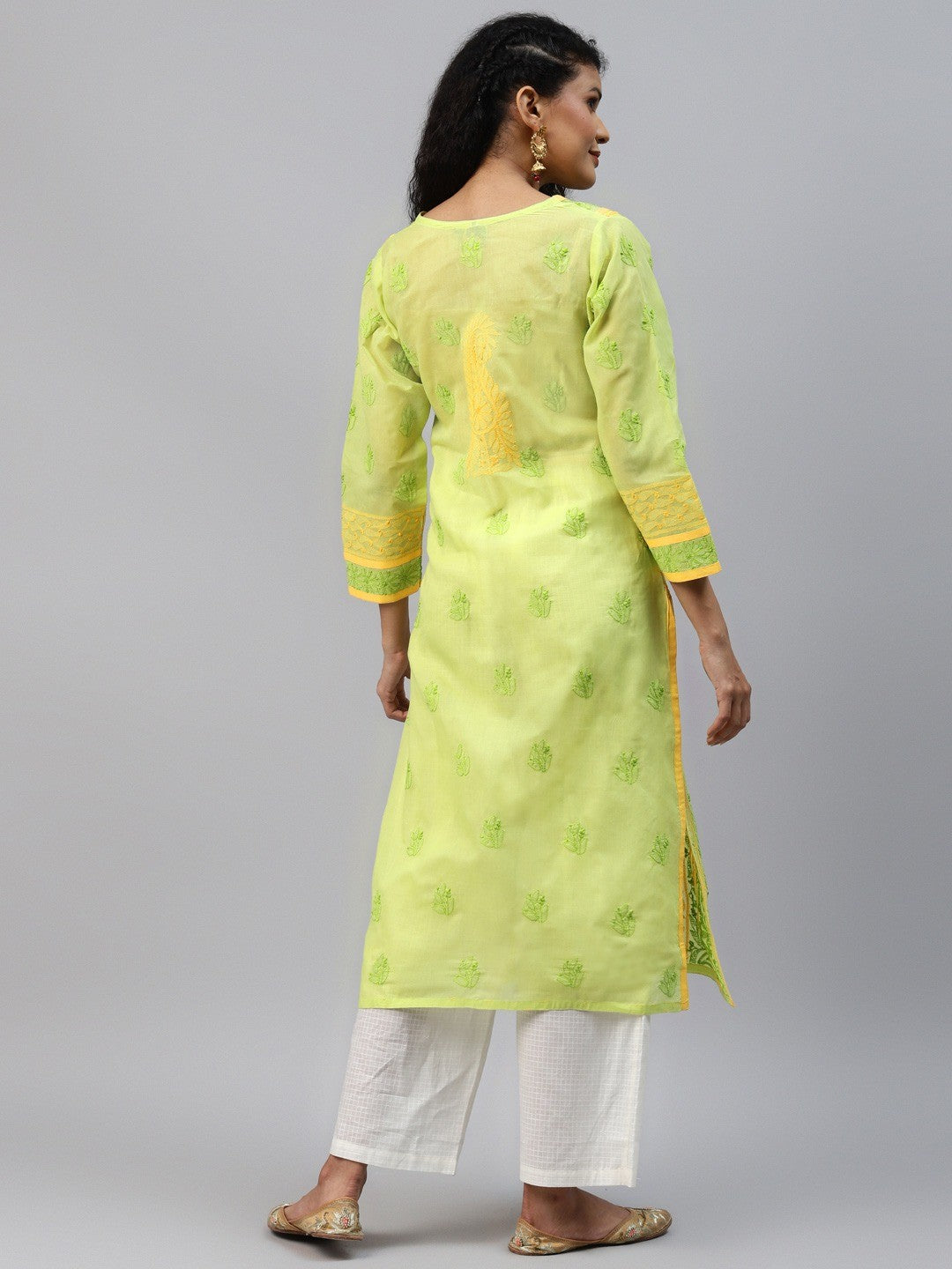 Ada Hand Embroidered Green Cotton Lucknow Chikan Kurta- A273453