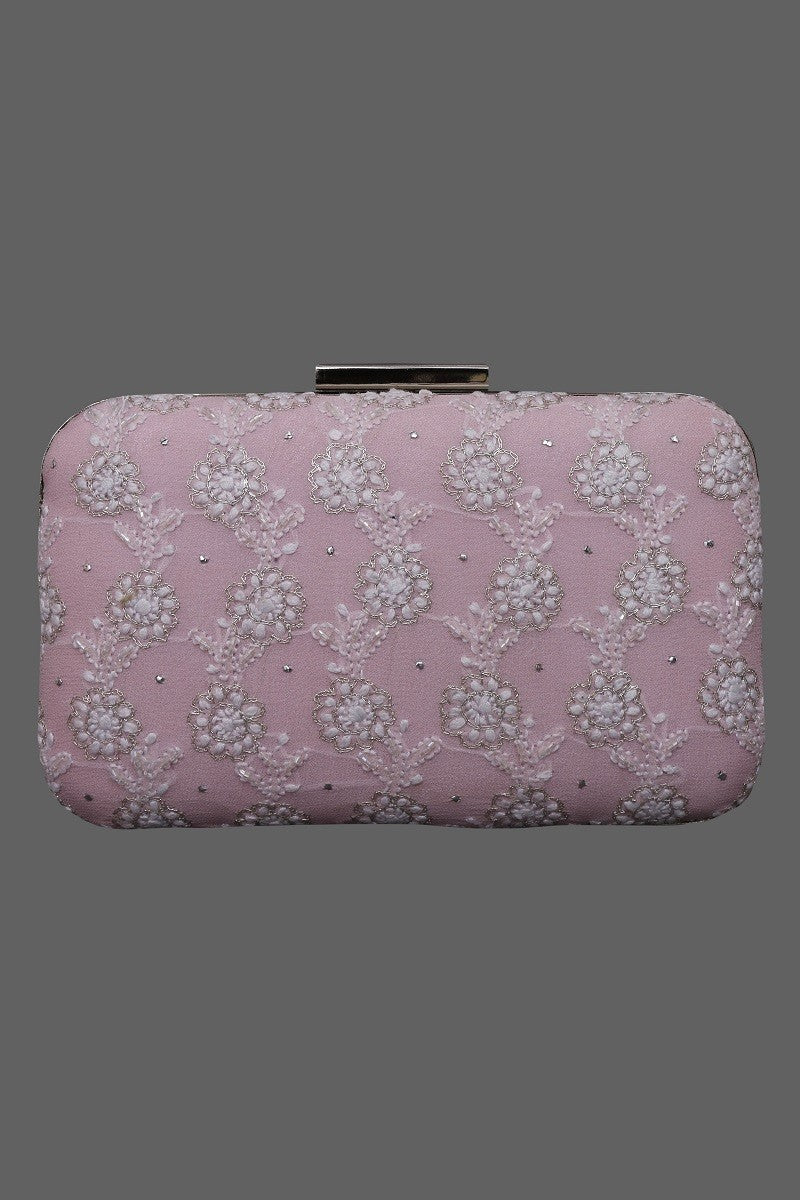 Ada Hand Embroidered Pink Pure Georgette Lucknow Chikankari Clutch With Muqaish Work- A606019