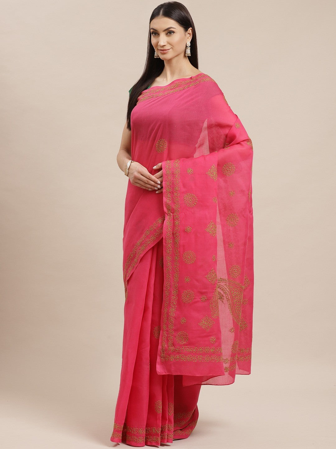 Ada Hand Embroidered Magenta Cotton Lucknow Chikan Saree With Blouse A311168
