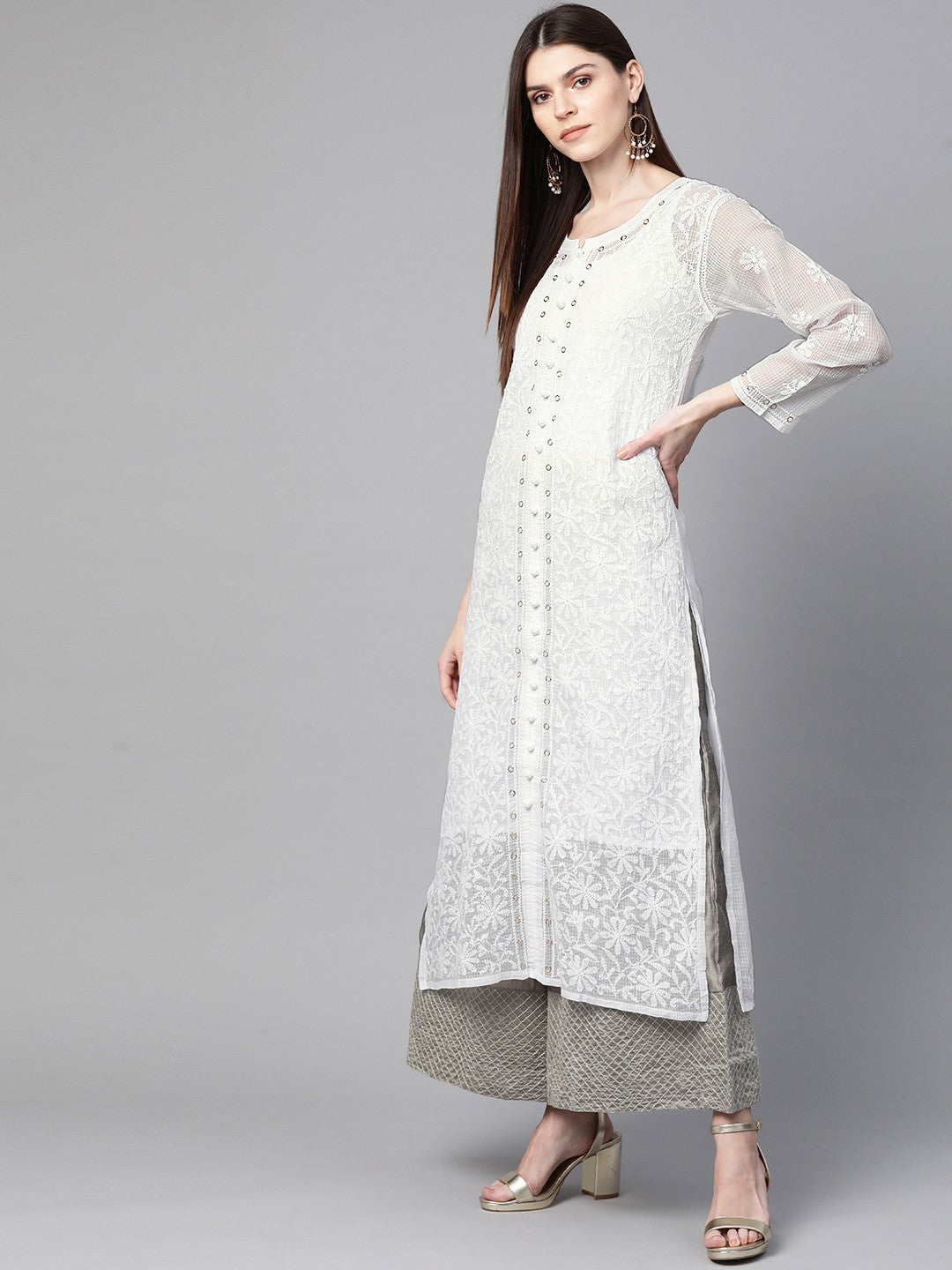 Ada Hand Embroidered White Kota Lucknowi Chikan straight Kurta/Slip With Muqaish Work– A100415