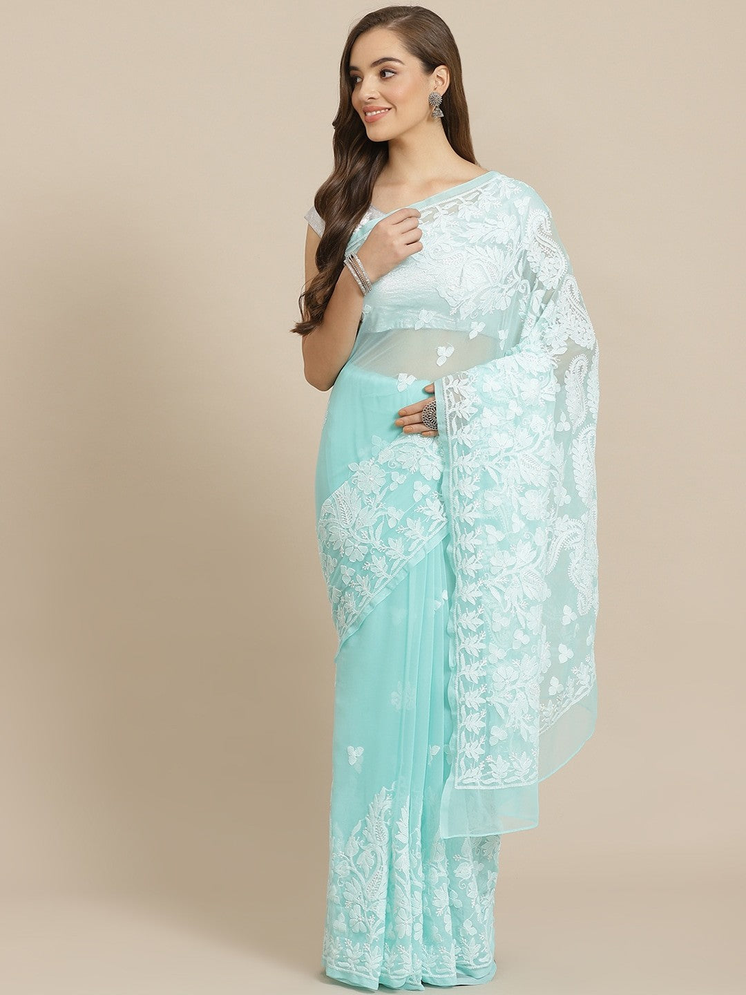 Ada Hand Embroidered Sea Green Georgette Lucknow Chikan Saree with Blous A311279