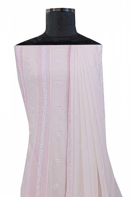 Ada Hand Embroidered White Pure Georgette Lucknowi Chikankari Semi-Stitched Anarkali Kurta Dupatta Set With Pearl Work-A617046