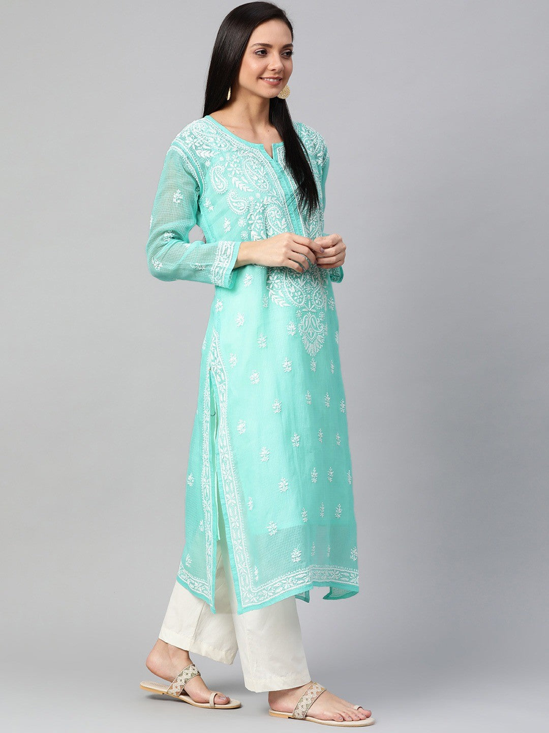 Ada Hand Embroidered Sea Green Kota Lucknowi Chikankari Straight Kurta With Slip A100533