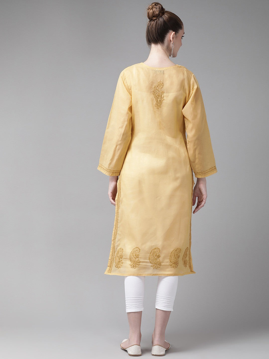 Ada Hand Embroidered Fawn Cotton Lucknowi Chikankari Straight Kurta Set A811189