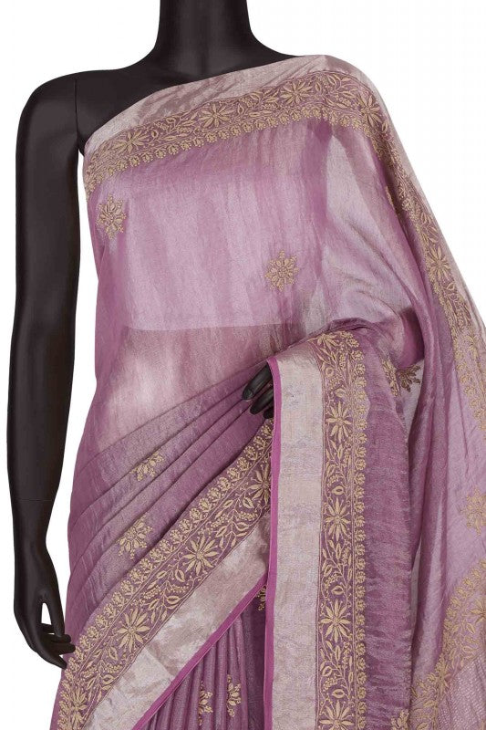 Ada Hand Embroidered Byzantium Purple Tissue Lucknowi Chikankari Saree With Blouse- A615151