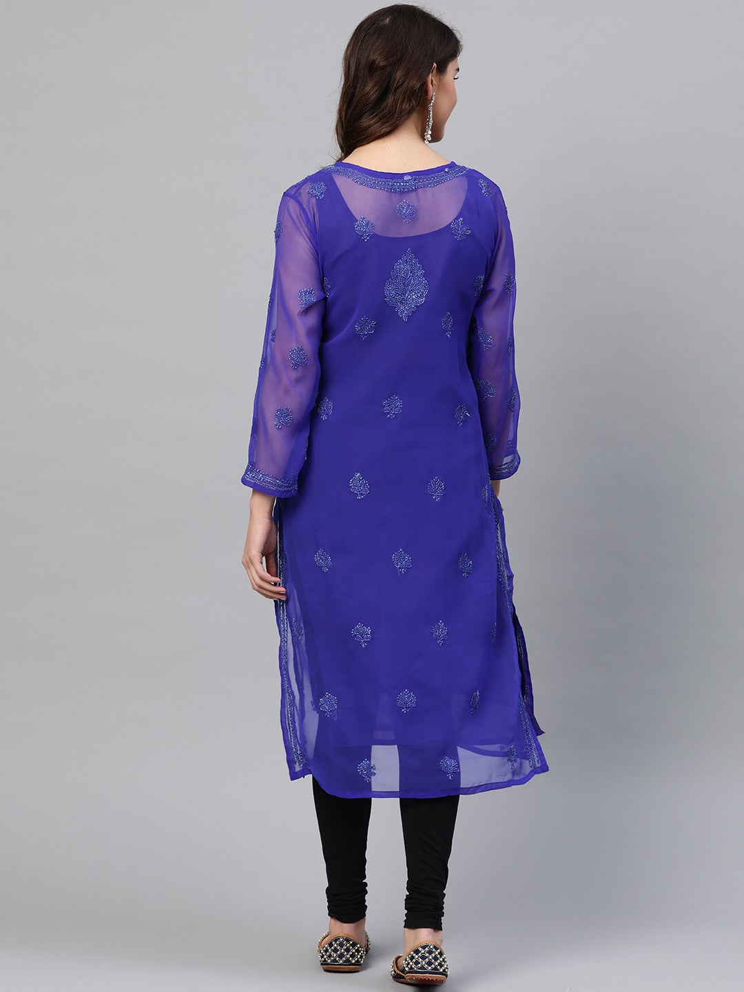 Ada Hand Embroidered Royal Blue Georgette Lucknow Chikan Kurta with Slip A229395