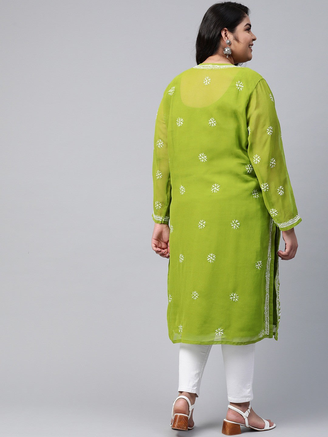 Ada Hand Embroidered Olive Green Georgette Lucknow Chikankari Straight Kurta with Slip A90406