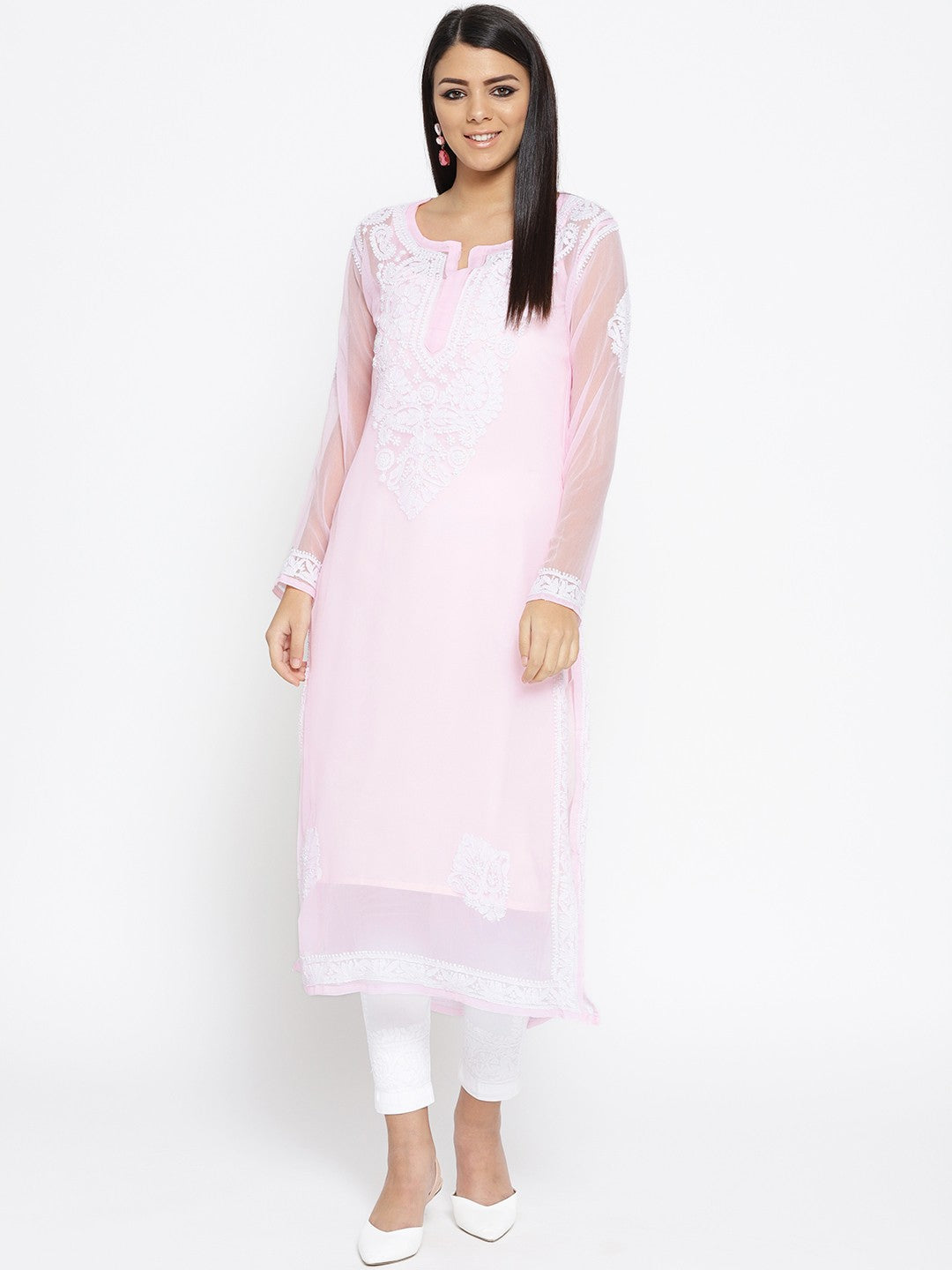 Ada Hand Embroidered Pink Faux Georgette Lucknow Chikankari Kurta Set with Slip A100042