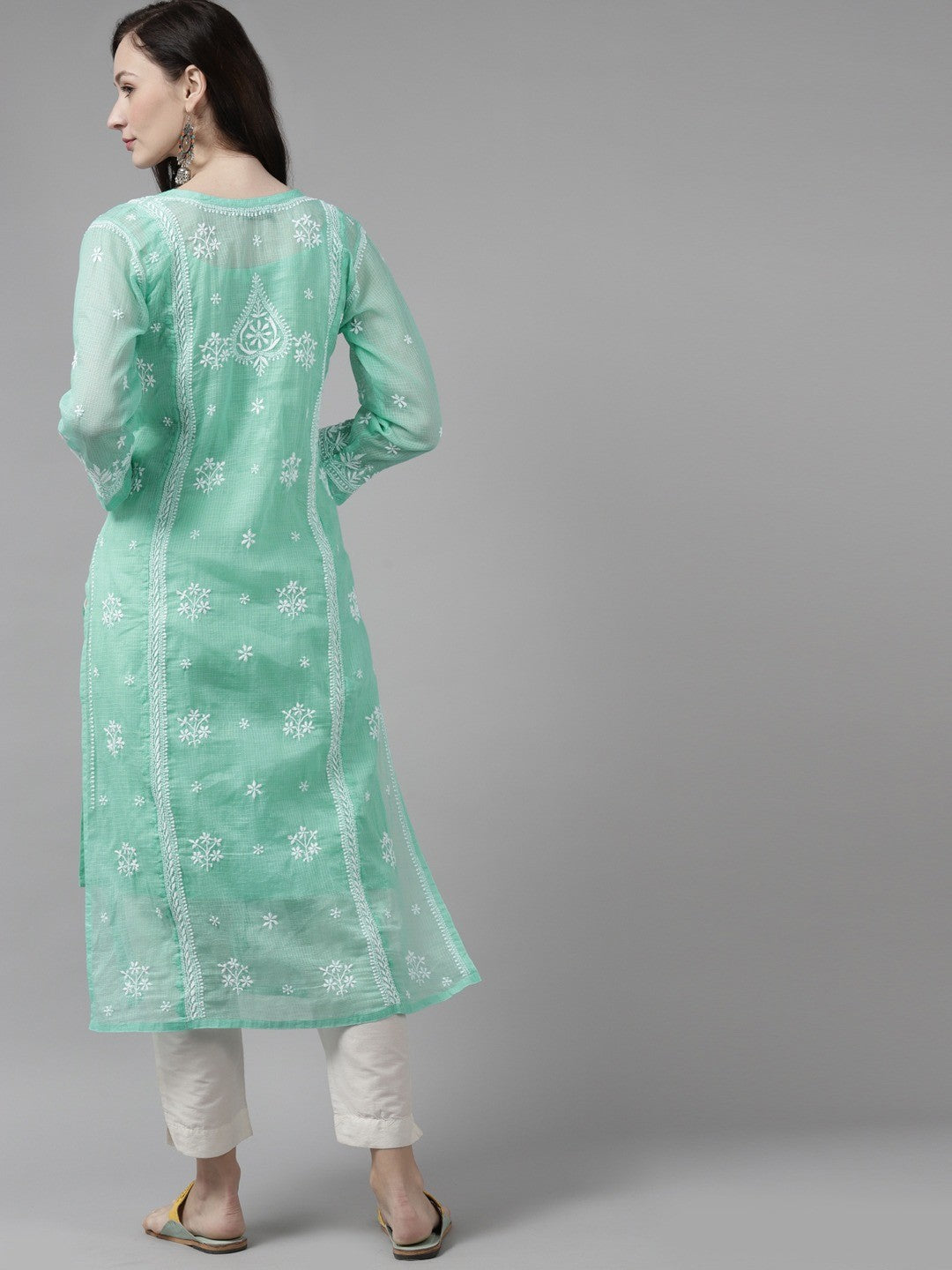 Ada Hand Embroidered Sea Green Kota Lucknow Chikankari Kurta With Slip- A411310