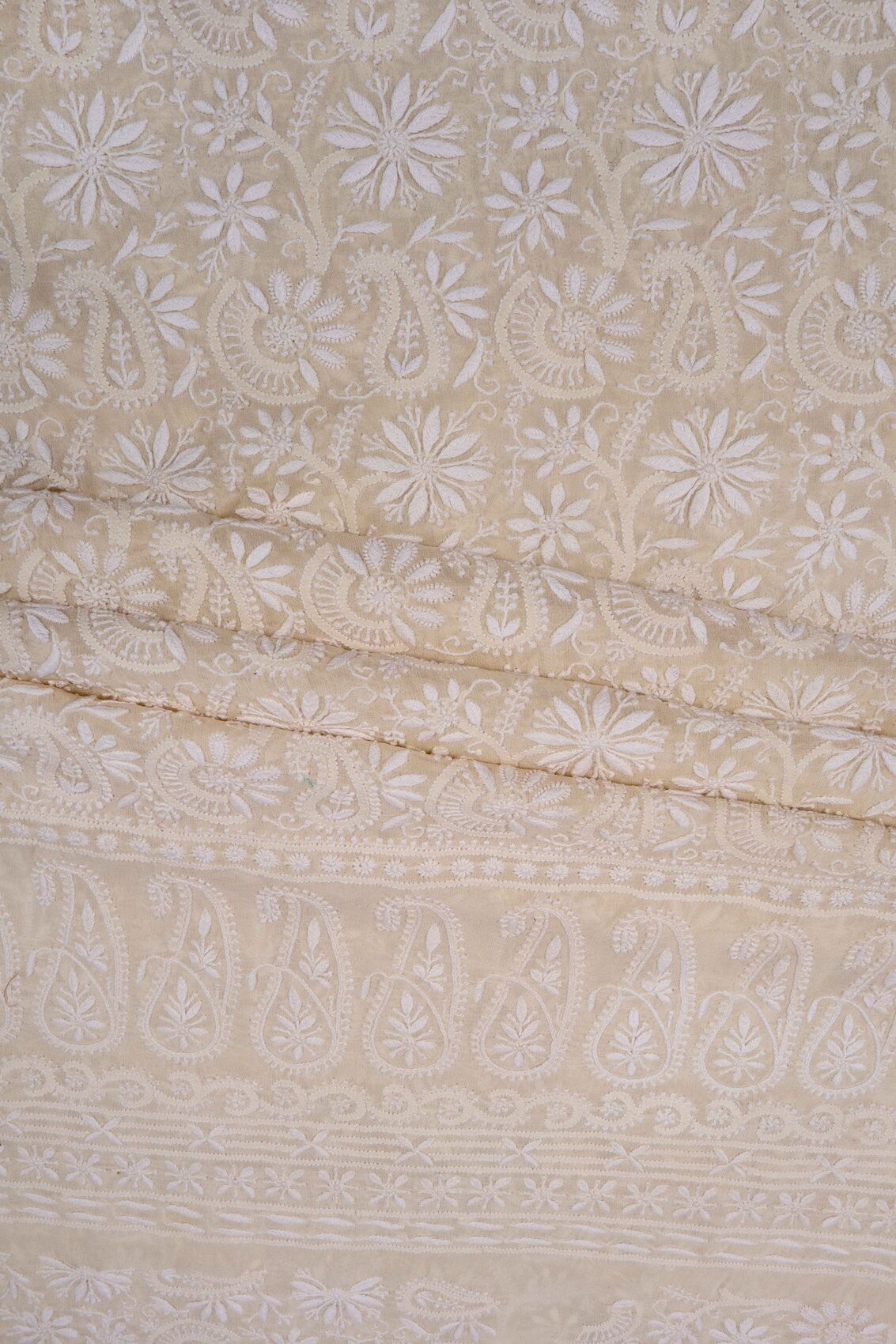 Ada Hand Embroidered Cream Pure Georgette Lucknowi Chikankari Unstitched Kurta Dupatta Set A70992