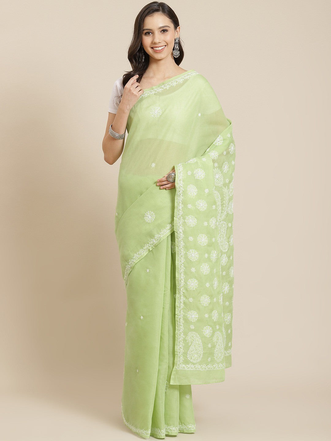 Ada Hand Embroidered Green Cotton Lucknow Chikan Saree With Blouse A311332