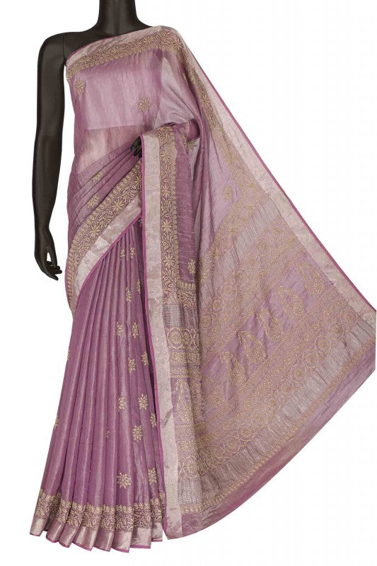 Ada Hand Embroidered Byzantium Purple Tissue Lucknowi Chikankari Saree With Blouse- A615151