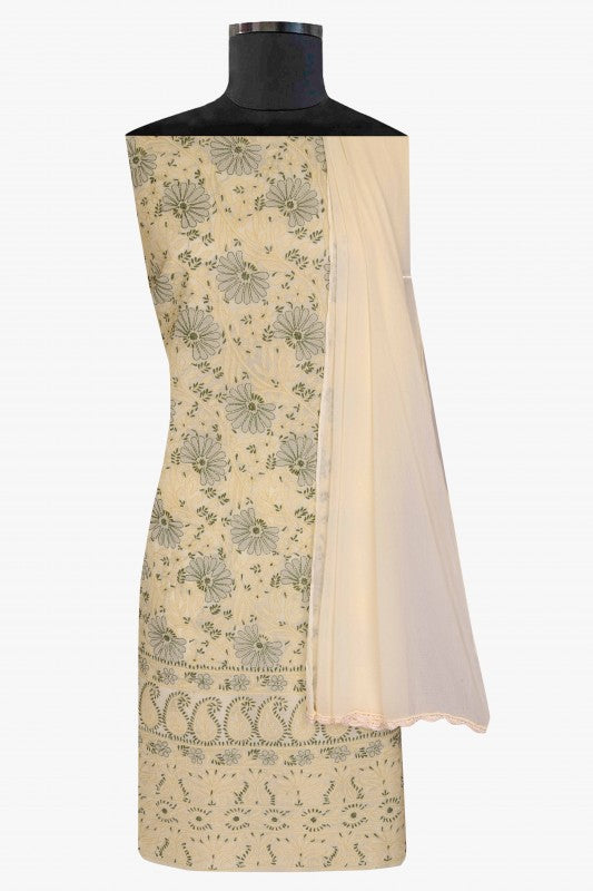 Ada Hand Embroidered Cream Cotton Lucknowi Chikan Unstitched Suit Piece- A100306