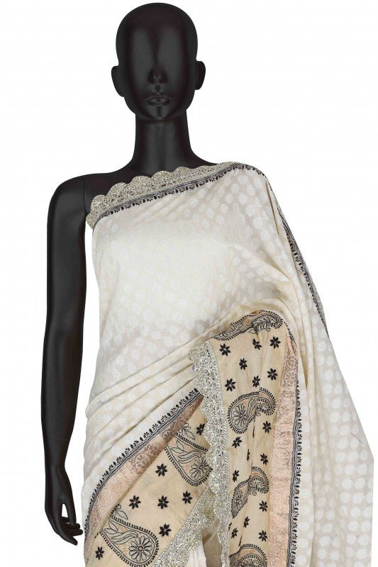 Ada Hand Embroidered Cream/Black Chanderi Lucknow Chikan Saree With Blouse- A51690