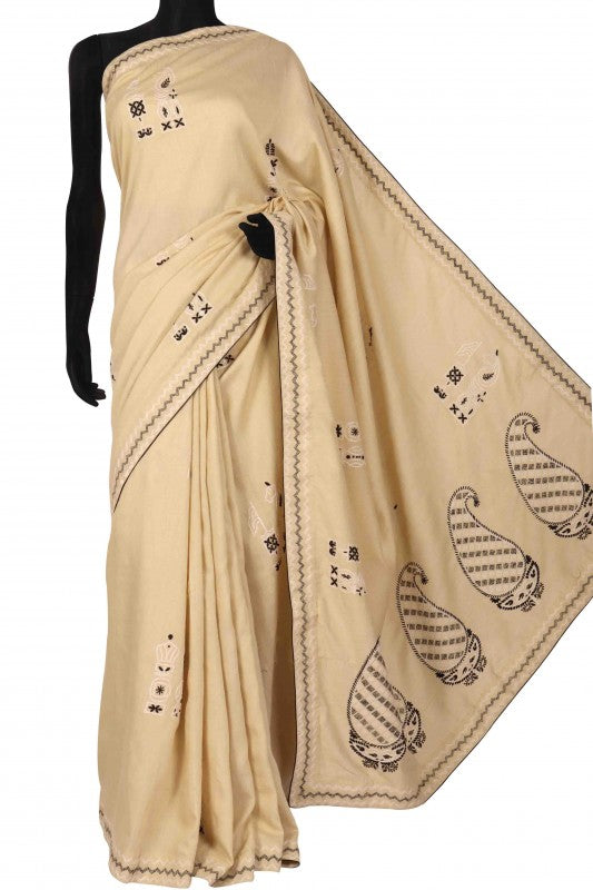 Ada Hand Embroidered Fawn Moonga Silk Lucknowi Chikankari Saree With Blouse A501815