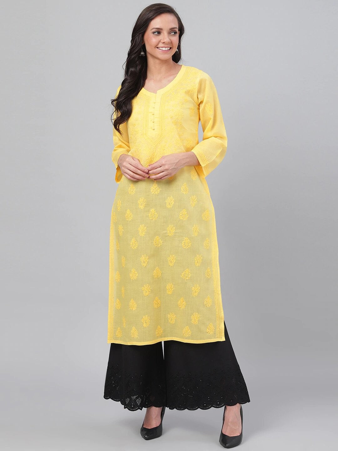 Ada Hand Embroidered Yellow Cotton Lucknowi Chikankari Straight Kurta A231421