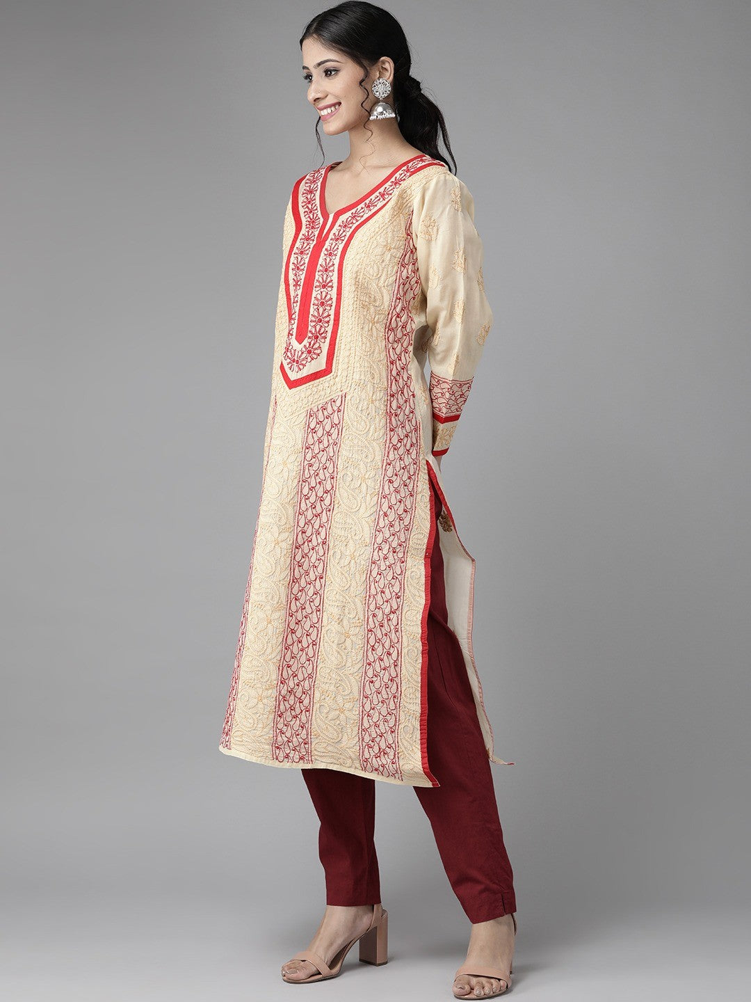 Ada Hand Embroidered Fawn Cotton Lucknow Chikan Straight Kurta A285129