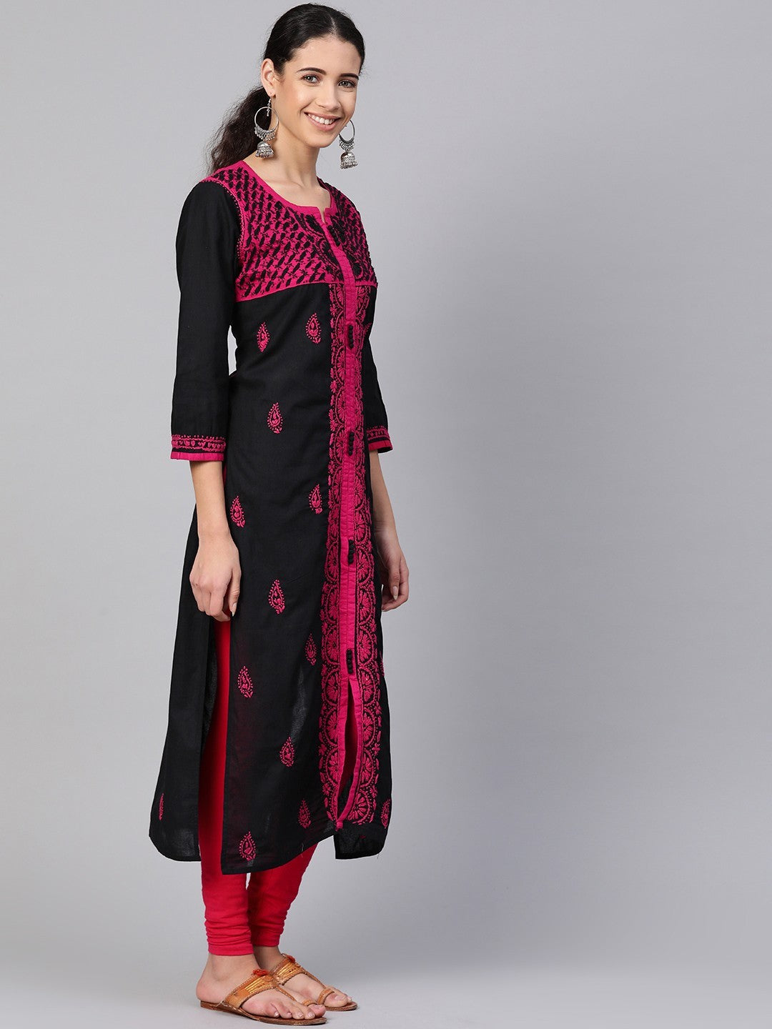 Ada Hand Embroidered Black Cotton Lucknowi Chikankari Straight Kurta A100375