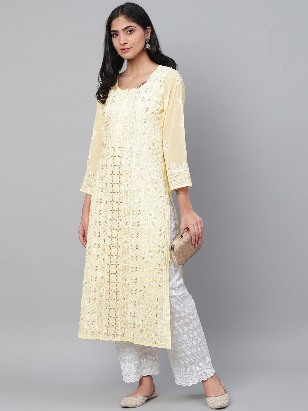 Ada Hand Embroidered Yellow Georgette Lucknowi Chikankari Straight Kurta/Slip with Gota patti Work A411111