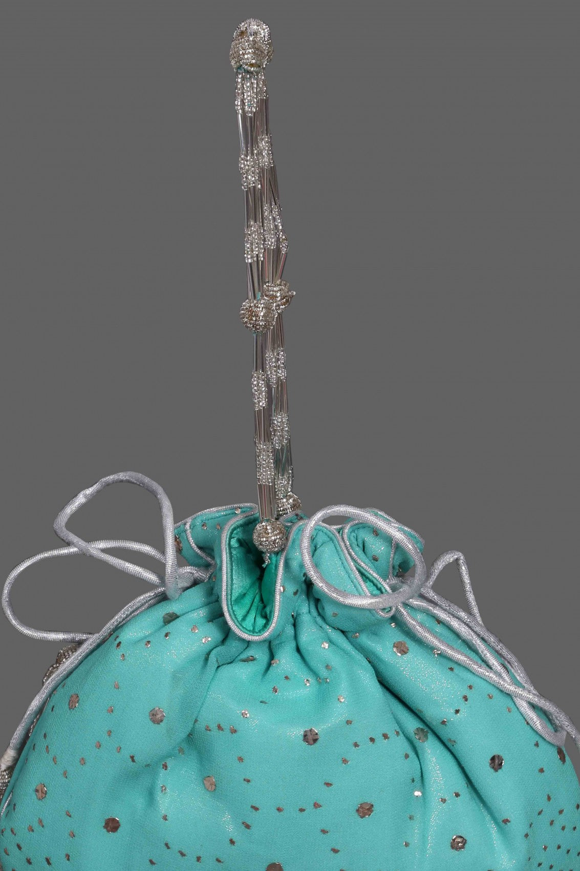 Ada Hand Embroidered Sea Green Pure Georgette Lucknowi Chikankari Potli Bag With Muqaish Work 01A19655
