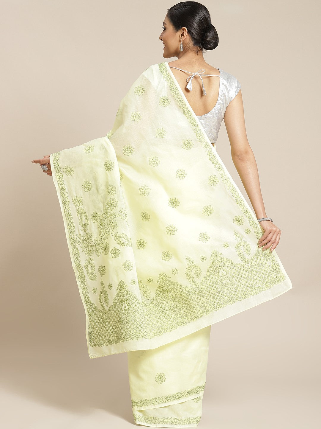 Ada Hand Embroidered Lemon Cotton Lucknow Chikan Saree With Blouse-A311179