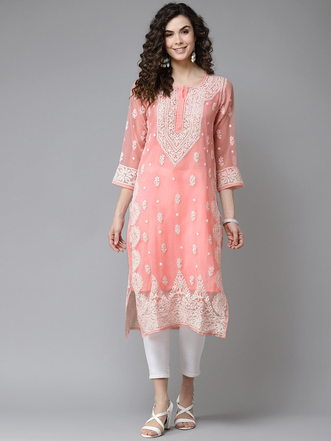 Ada Hand Embroidered Peach Georgette Lucknowi Chikankari Straight Kurta With Slip A411194