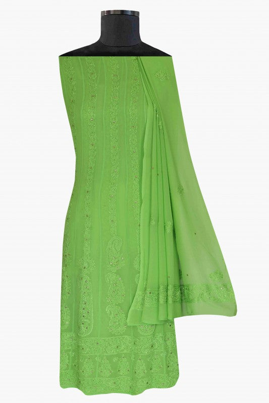 Ada Hand Embroidered Parrot Green Georgette Lucknowi Chikankari Semi-Stitched Anarkali Kurta Dupatta Set With Muqaish Work A619753