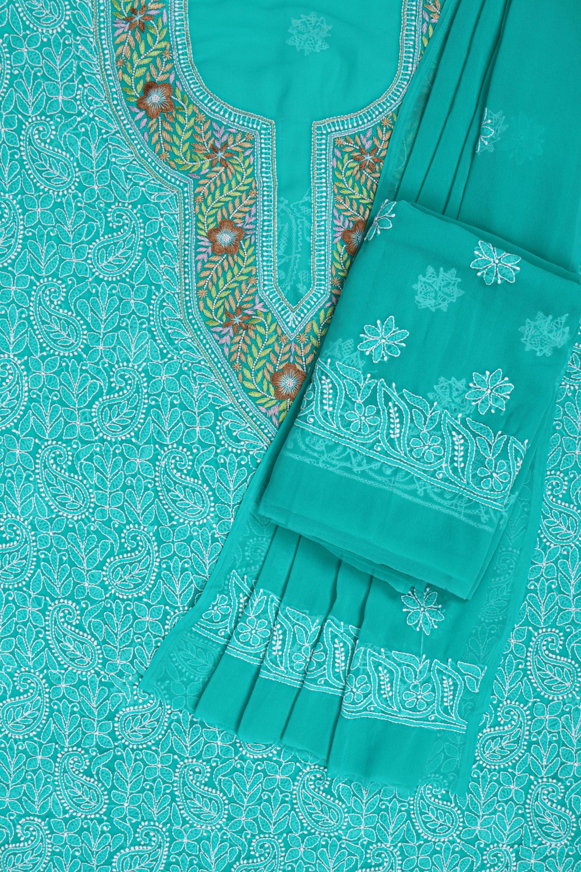 Ada Hand Embroidered Dark Green Georgette Lucknowi Chikankari Unstitched Suit Piece With Pearl Work 01A146084