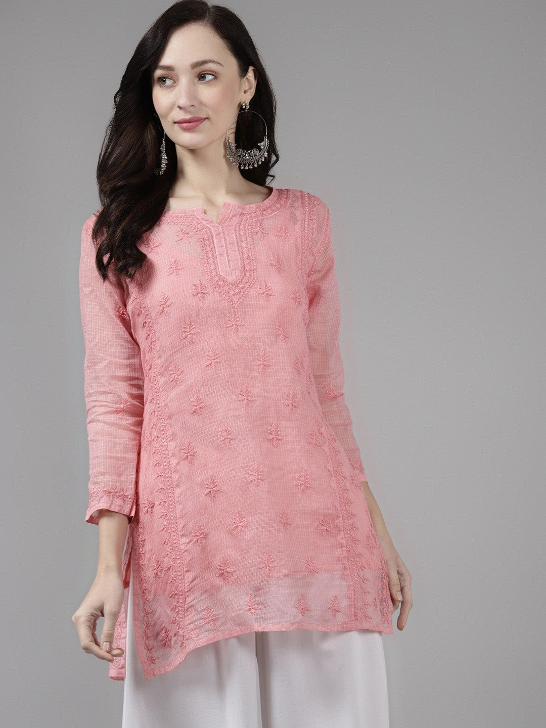Ada Hand Embroidered Peach Kota Lucknow Chikan Kurti With Slip-A911155