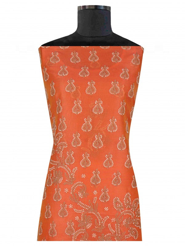 Ada Hand Embroidered Peach Chanderi Lucknowi Chikan Unstitched Kurta Dupatta Set A619028
