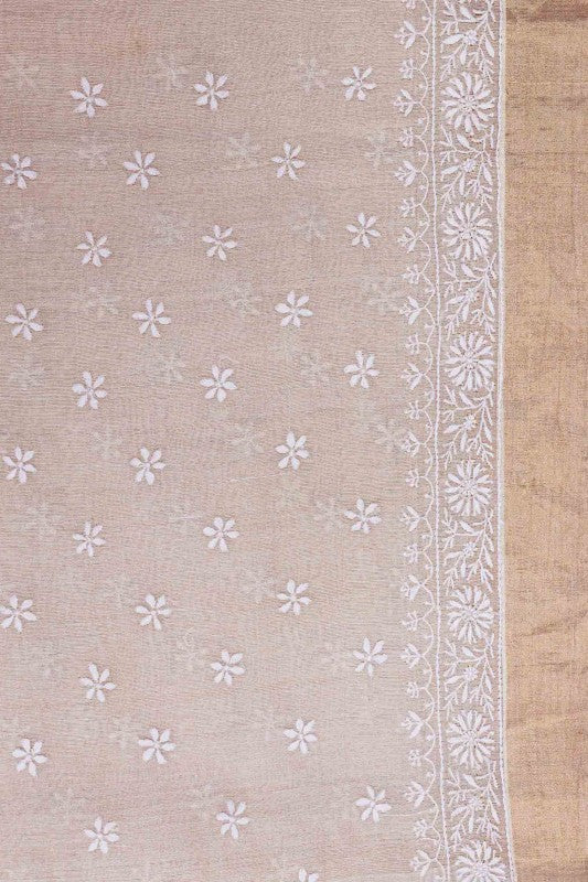 Ada Hand Embroidered Natural Beige Tissue Lucknowi Chikankari Saree With Blouse-A615148